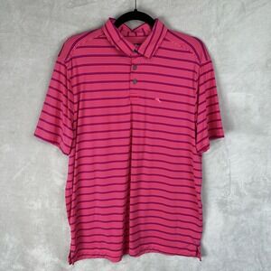 Tommy Bahama Polo Shirt Mens Medium Pink Striped Islandzone Short Sleeve Stretch